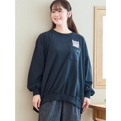 裏毛ネコ刺繍プルオーバー （黒）｜詳細画像