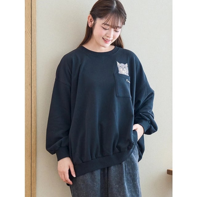 裏毛ネコ刺繍プルオーバー （黒）