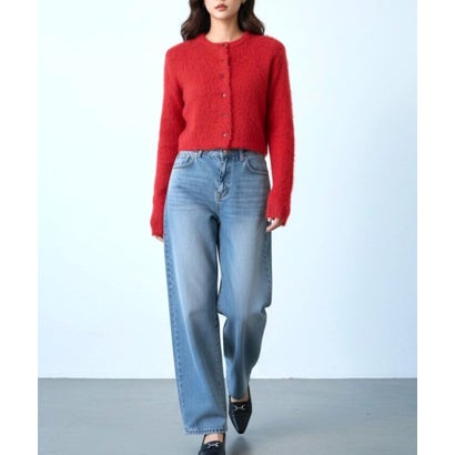 ヒューマンセカンドオケージョン Human 2nd Occasion フェザーシャギーショート丈クルーネックカーディガン （レッド）｜詳細画像