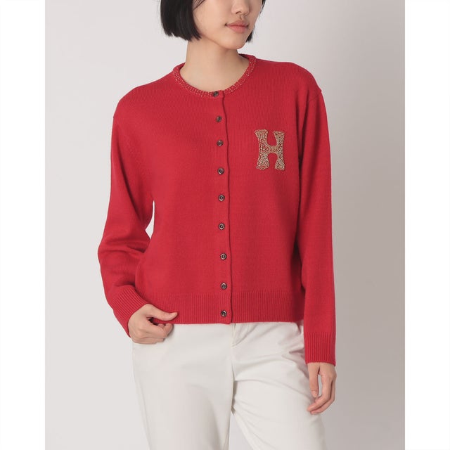le ciel de harriss ビーズ刺繍レタードクルーカーディガン （レッド）