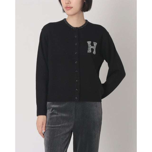 le ciel de harriss ビーズ刺繍レタードクルーカーディガン （ブラック）