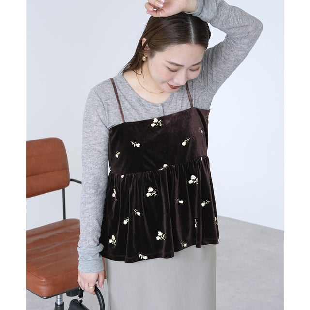 小花柄刺繍ベロアキャミソール(day256307) （ブラウン）