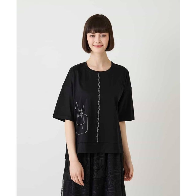 【接触冷感】ミシンステッチボクシーシルエットTシャツ （ブラック）