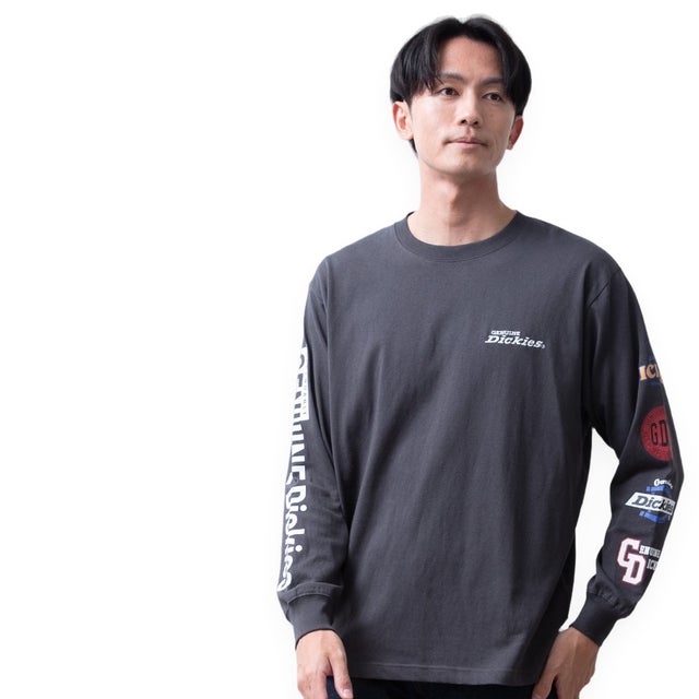 長袖 tシャツ GENUINE Dickies ディッキーズ 秋冬 プリント Tシャツ アメカジ クルーネック バックプリント 袖プリント 綿100 ロゴ コットン ロンt （48.スミクロ）