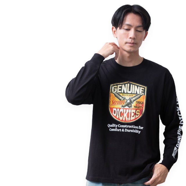 長袖 tシャツ GENUINE Dickies ディッキーズ 秋冬 プリント Tシャツ アメカジ クルーネック バックプリント 袖プリント 綿100 ロゴ コットン ロンt （49.ブラック）
