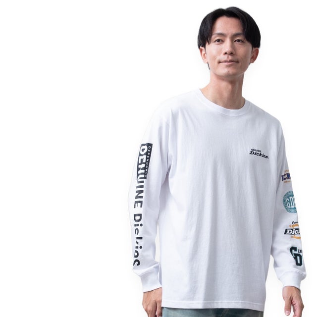 長袖 tシャツ GENUINE Dickies ディッキーズ 秋冬 プリント Tシャツ アメカジ クルーネック バックプリント 袖プリント 綿100 ロゴ コットン ロンt （09.ホワイト）