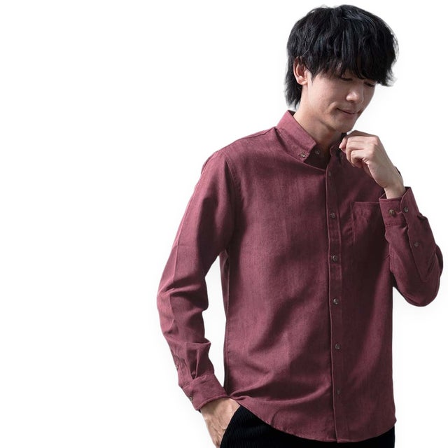 シャツ 長袖 ボタンダウン コーデュロイ メンズシャツ バンドカラー 秋冬 暖かい シャツブラウス Yシャツ 長袖シャツ カジュアル 立ち襟 大人 ブラウス ポリコール 軽い 秋 冬 （Rカラー/16.ワイン）