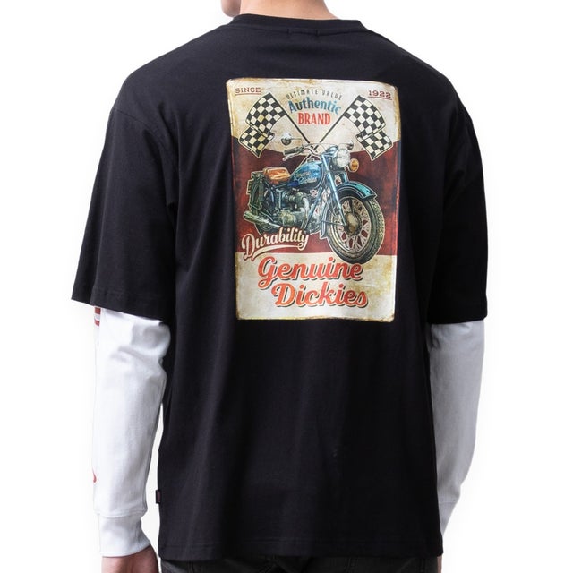 tシャツ 長袖 袖レイヤード ディッキーズ クルーネック Tシャツ プリントシャツ GENUINE Dickies プリントtシャツ ストリート 全4色 6473-9804 （49.ブラック）