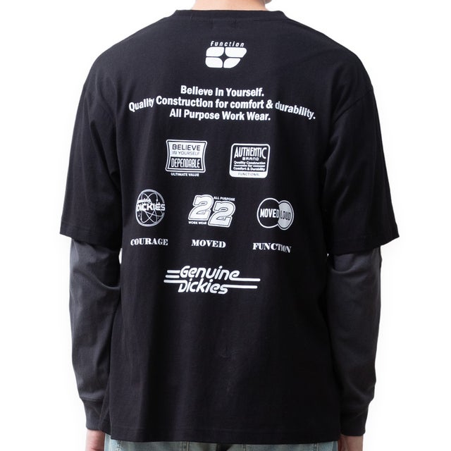 tシャツ 長袖 袖レイヤード ディッキーズ クルーネック Tシャツ プリントシャツ GENUINE Dickies プリントtシャツ ストリート 全4色 6473-9804 （92.ブラック）