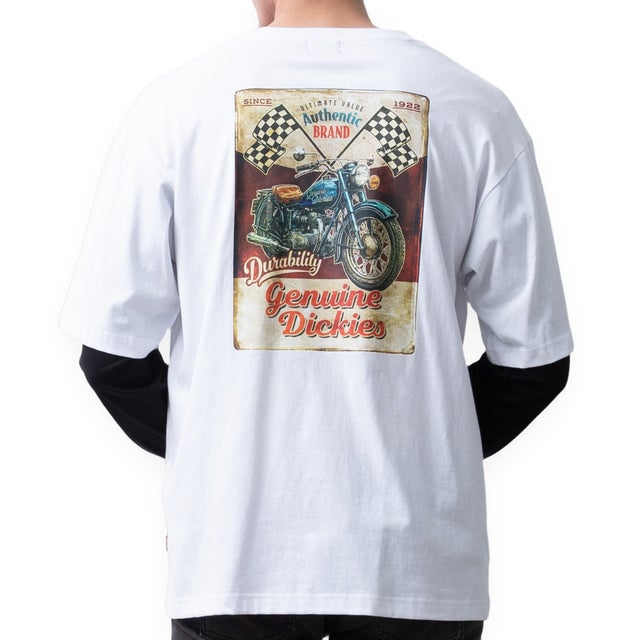 tシャツ 長袖 袖レイヤード ディッキーズ クルーネック Tシャツ プリントシャツ GENUINE Dickies プリントtシャツ ストリート 全4色 6473-9804 （09.ホワイト）