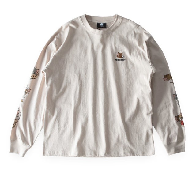 長袖 シャツ tシャツ トムとジェリー 綿100 キャラクター クルーネック アメカジ Tシャツ 秋冬 トムジェリ 長袖tシャツ コットン 全4色 6477-7854 刺繍 （16.グレージュ）