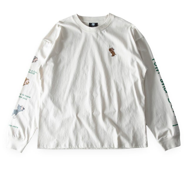 長袖 シャツ tシャツ トムとジェリー 綿100 キャラクター クルーネック アメカジ Tシャツ 秋冬 トムジェリ 長袖tシャツ コットン 全4色 6477-7854 刺繍 （27.アイボリー）