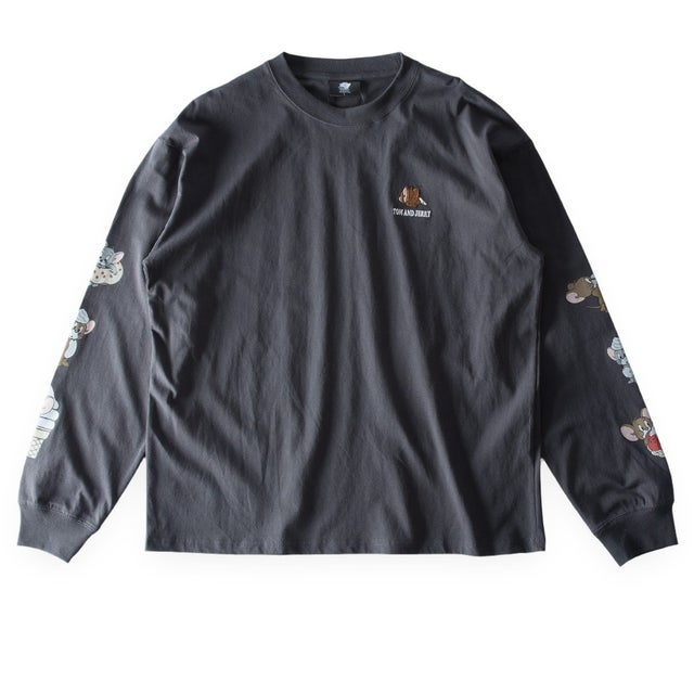 長袖 シャツ tシャツ トムとジェリー 綿100 キャラクター クルーネック アメカジ Tシャツ 秋冬 トムジェリ 長袖tシャツ コットン 全4色 6477-7854 刺繍 （50.スミクロA）