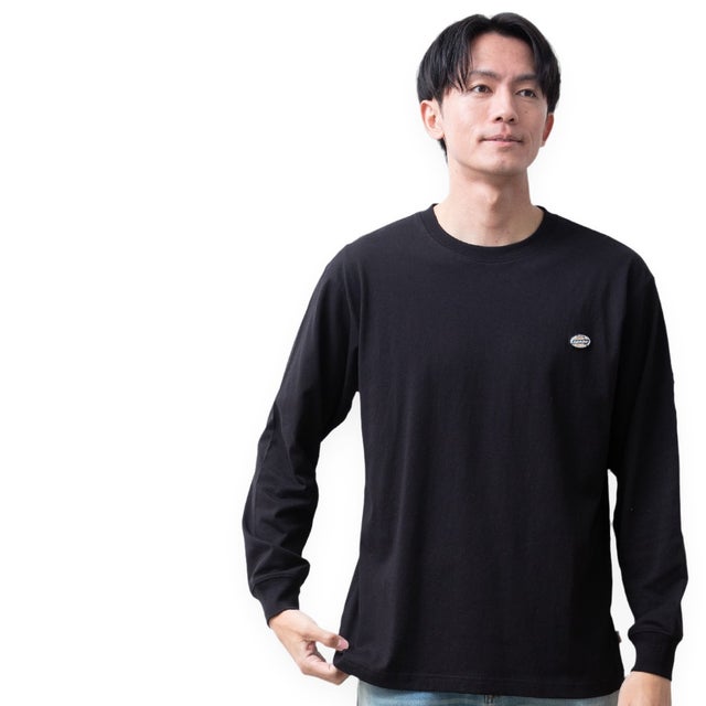 tシャツ 長袖 ディッキーズ GENUINE Dickies Tシャツ 長袖シャツ クルーネック 綿100 ワッペン 秋冬 ロンt ミニワッペン アメカジ カジュアル 全4色 （49.ブラック）