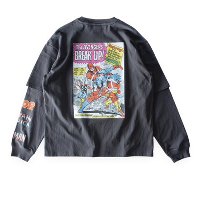 Tシャツ 長袖 マーベル スパイダーマン tシャツ 袖レイヤード 重ね着風 クルーネック 綿100 MARVEL 長袖シャツ プリント アメカジ ヴィンテージ風 秋冬 バックプリント （48.スミクロA）｜詳細画像