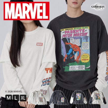 Tシャツ 長袖 マーベル スパイダーマン tシャツ 袖レイヤード 重ね着風 クルーネック 綿100 MARVEL 長袖シャツ プリント アメカジ ヴィンテージ風 秋冬 バックプリント （48.スミクロA）｜詳細画像
