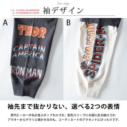Tシャツ 長袖 マーベル スパイダーマン tシャツ 袖レイヤード 重ね着風 クルーネック 綿100 MARVEL 長袖シャツ プリント アメカジ ヴィンテージ風 秋冬 バックプリント （48.スミクロA）｜詳細画像