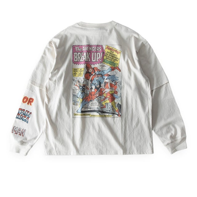 Tシャツ 長袖 マーベル スパイダーマン tシャツ 袖レイヤード 重ね着風 クルーネック 綿100 MARVEL 長袖シャツ プリント アメカジ ヴィンテージ風 秋冬 バックプリント （27.アイボリーA）