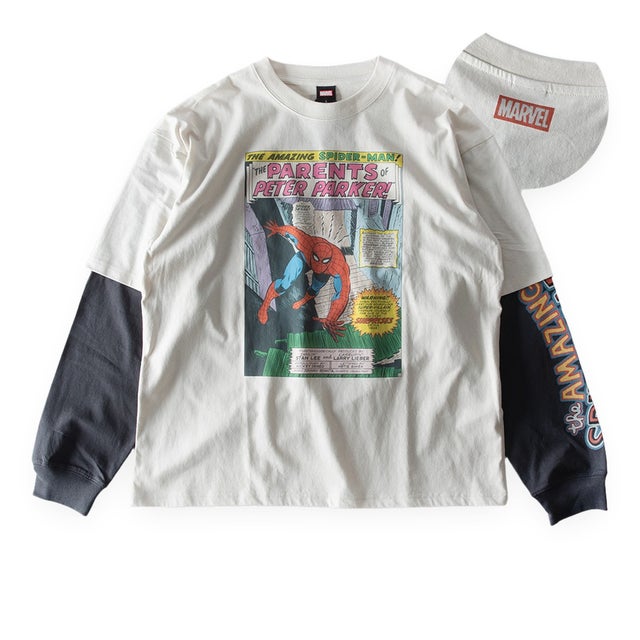 Tシャツ 長袖 マーベル スパイダーマン tシャツ 袖レイヤード 重ね着風 クルーネック 綿100 MARVEL 長袖シャツ プリント アメカジ ヴィンテージ風 秋冬 バックプリント （91.アイボリーB）