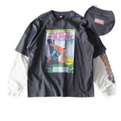 Tシャツ 長袖 マーベル スパイダーマン tシャツ 袖レイヤード 重ね着風 クルーネック 綿100 MARVEL 長袖シャツ プリント アメカジ ヴィンテージ風 秋冬 バックプリント （50.スミクロB）｜詳細画像