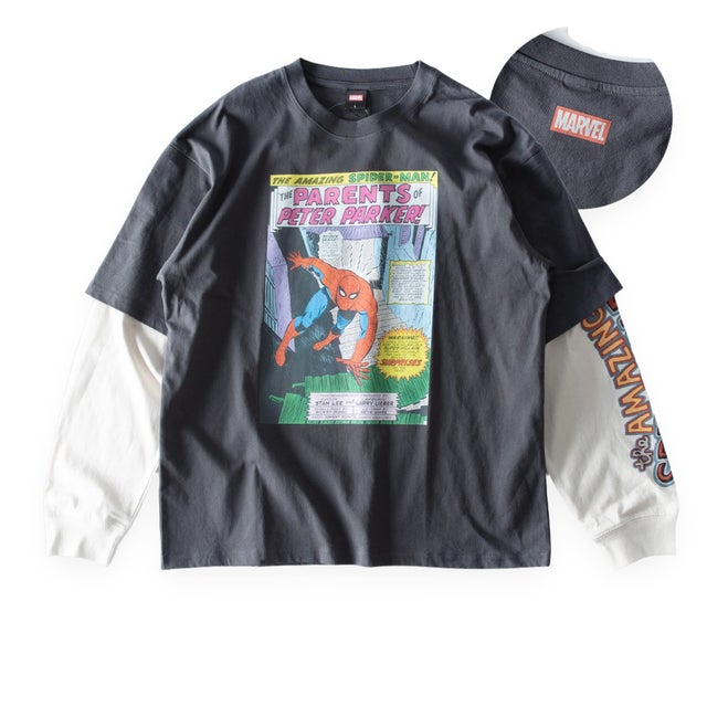 Tシャツ 長袖 マーベル スパイダーマン tシャツ 袖レイヤード 重ね着風 クルーネック 綿100 MARVEL 長袖シャツ プリント アメカジ ヴィンテージ風 秋冬 バックプリント （50.スミクロB）