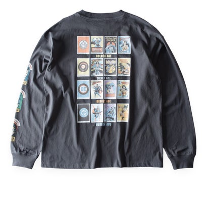 Tシャツ 長袖 クルーネック プリント tシャツ スパイダーマン マーベル バットマン 袖プリント 長袖シャツ 綿100％ バックプリント 秋冬 コットン アメカジ 全4色 （48.スミクロA）｜詳細画像