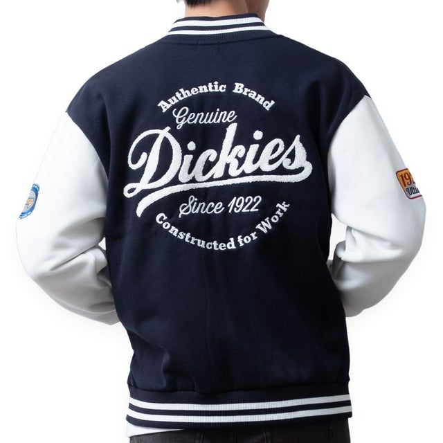 スタジャン スタジアムジャケット ディッキーズ DENUINE Dickies 秋 カットソー ライトアウター 秋冬 ワッペン付き アメカジ 刺繍 ストレッチ ジャンパー ワッペン （67.ネイビー）