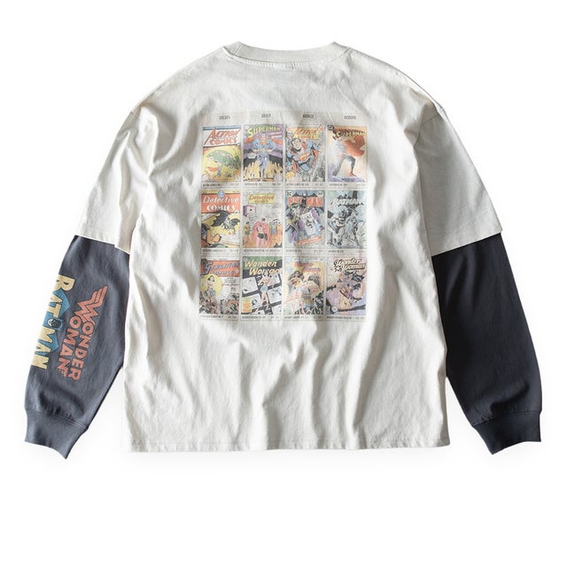 tシャツ 長袖 クルーネック 綿100 マーベル プリント シャツ ロンT スーパーマン MARVEL 秋冬 長t アメカジ レイヤード 重ね着風 全4色 6477-7841 （91.アイボリーB）