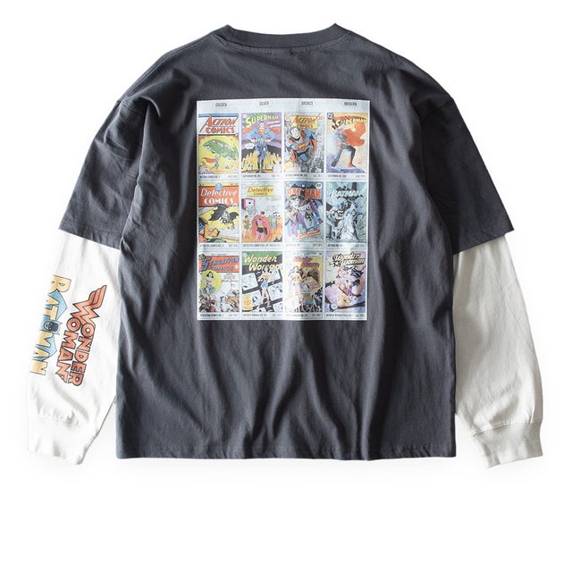 tシャツ 長袖 クルーネック 綿100 マーベル プリント シャツ ロンT スーパーマン MARVEL 秋冬 長t アメカジ レイヤード 重ね着風 全4色 6477-7841 （50.スミクロB）