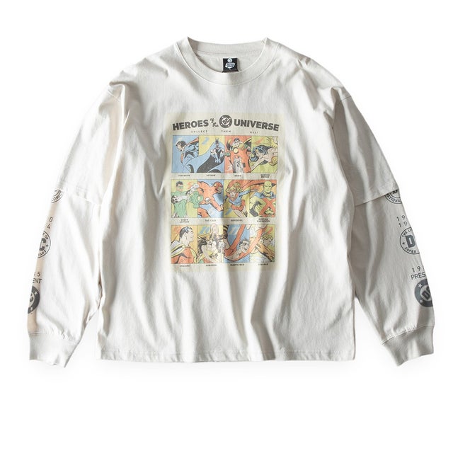 tシャツ 長袖 クルーネック 綿100 マーベル プリント シャツ ロンT スーパーマン MARVEL 秋冬 長t アメカジ レイヤード 重ね着風 全4色 6477-7841 （27.アイボリーA）