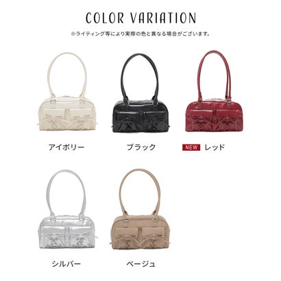 リボンポケットボストン ハンドバッグ バッグ 鞄 ボストンバッグ ダブルポケット リボン 合皮 ファスナー開閉 ガーリー レディース （レッド）｜詳細画像