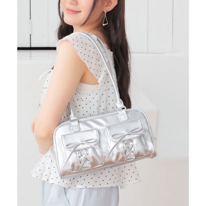 リボンポケットボストン ハンドバッグ バッグ 鞄 ボストンバッグ ダブルポケット リボン 合皮 ファスナー開閉 ガーリー レディース （レッド）｜詳細画像