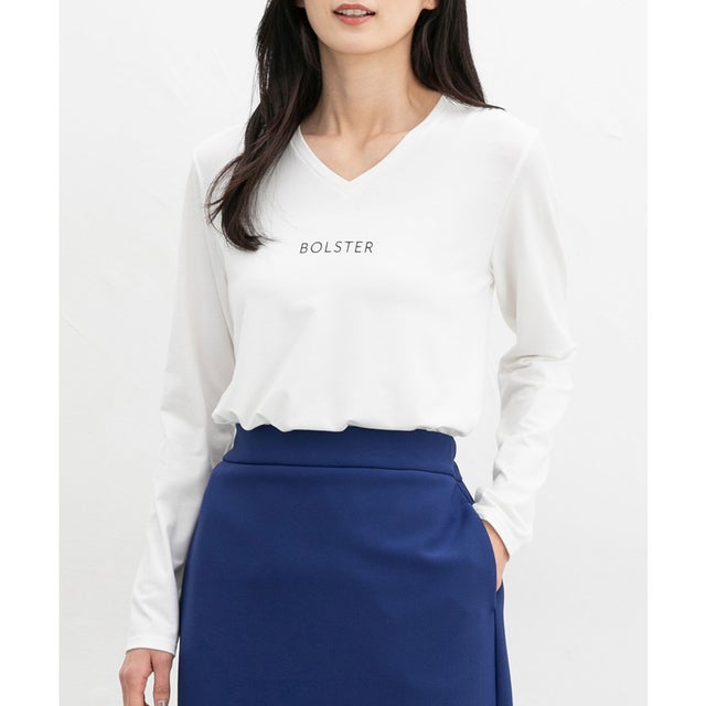 ロゴVネックTシャツ トップス Tシャツ カットソー 長袖 ロンT 長袖Tシャツ ロゴ Vネック ボーダー レーヨン混 カジュアル レディース （オフ）