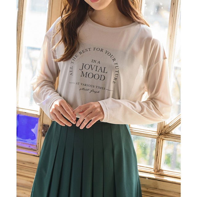 シアーロゴTシャツ トップス Tシャツ ロンT 長袖Tシャツ カットソー 長袖 ロゴ シアー クルーネック ドロップショルダー レディース （アイボリー）