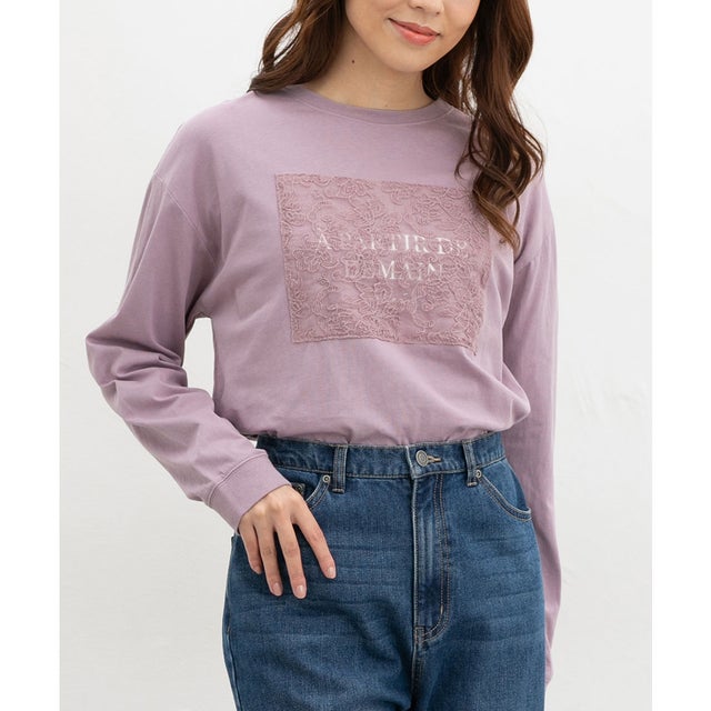 レース付ロゴTシャツ トップス Tシャツ ロンT 長袖Tシャツ カットソー 長袖 コットン 綿 UVカット USAコットン レディース （ラベンダー）