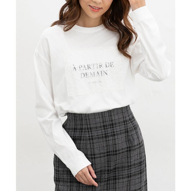 レース付ロゴTシャツ トップス Tシャツ ロンT 長袖Tシャツ カットソー 長袖 コットン 綿 UVカット USAコットン レディース （アイボリー）