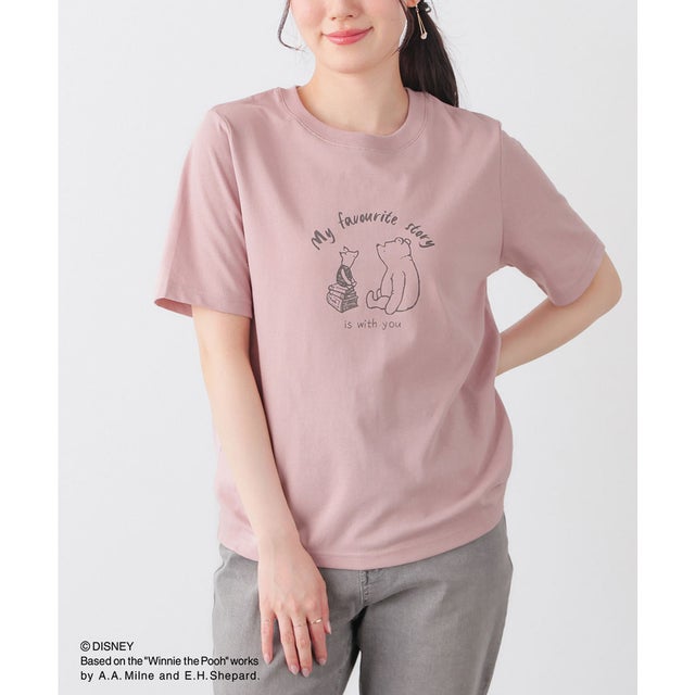 プーさん／半袖Tシャツ トップス Tシャツ 半袖Tシャツ カットソー 半袖 UVカット プーさん キャラクター 綿混 クルーネック レディース （ピンク）