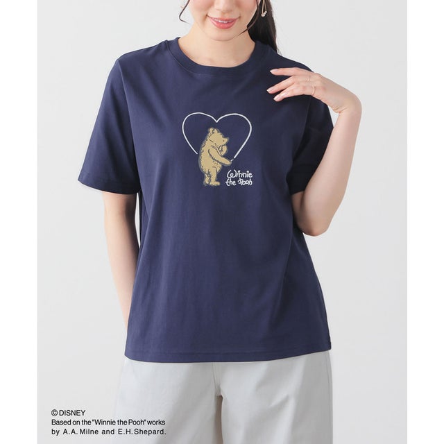 プーさん／半袖Tシャツ トップス Tシャツ 半袖Tシャツ カットソー 半袖 UVカット プーさん キャラクター 綿混 クルーネック レディース （ネイビー）