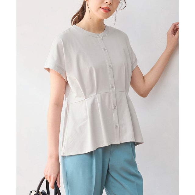 【SOLD OUT】ウエストタックトップス トップス カットソー 半袖 接触冷感 ハニさら 大きいサイズ オフィス きれいめ UVカット フレンチ袖 レディース （グレージュ）