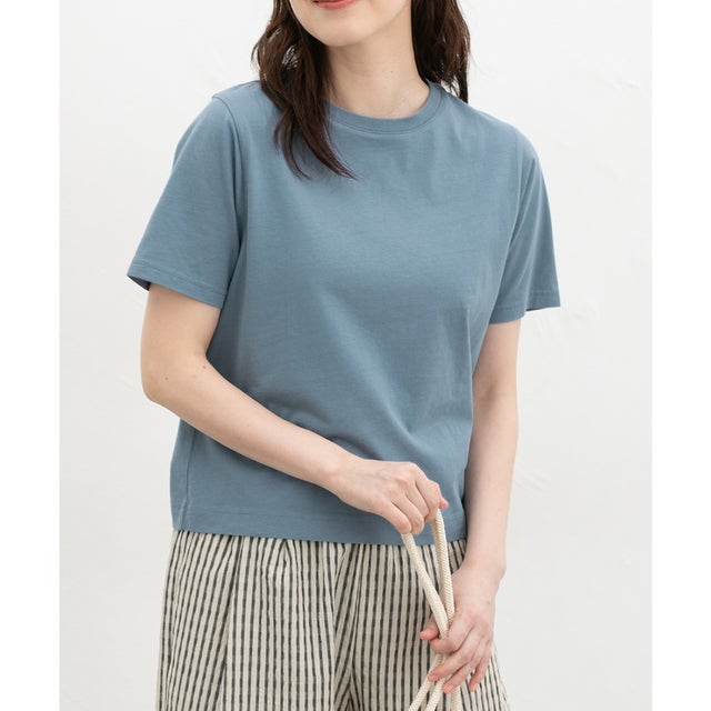 こだわり綿コンパクトT トップス カットソー 半袖 オーガニックコットン UVカット Tシャツ 半袖Tシャツ 綿100％ コンパクト レディース （ライトブルー）
