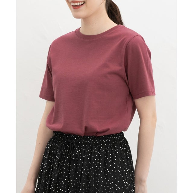 こだわり綿コンパクトT トップス カットソー 半袖 オーガニックコットン UVカット Tシャツ 半袖Tシャツ 綿100％ コンパクト レディース （ダークピンク）