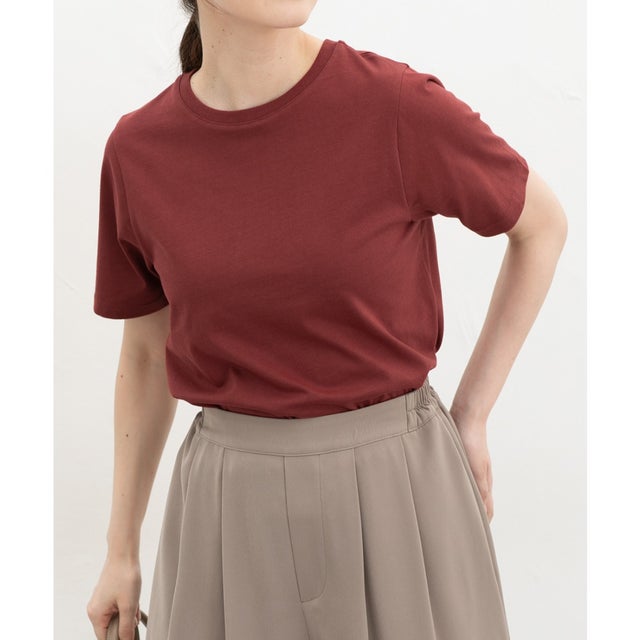 こだわり綿コンパクトT トップス カットソー 半袖 オーガニックコットン UVカット Tシャツ 半袖Tシャツ 綿100％ コンパクト レディース （ダークレッド）