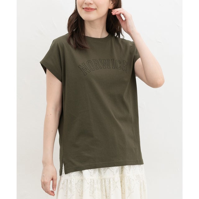 ひんやり綿フレンチロゴT トップス カットソー 半袖 接触冷感 Tシャツ 半袖Tシャツ ひんやりコットン 綿100％ ロゴ レディース （カーキ）