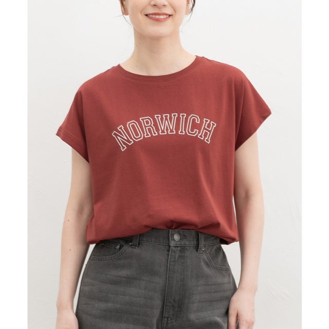 ひんやり綿フレンチロゴT トップス カットソー 半袖 接触冷感 Tシャツ 半袖Tシャツ ひんやりコットン 綿100％ ロゴ レディース （ダークレッド）