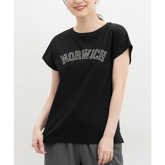 ひんやり綿フレンチロゴT トップス カットソー 半袖 接触冷感 Tシャツ 半袖Tシャツ ひんやりコットン 綿100％ ロゴ レディース （ブラック）