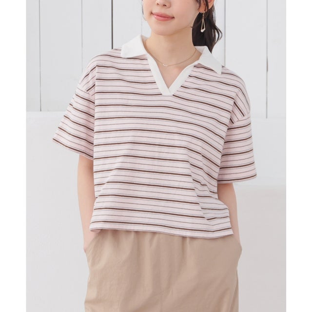 衿付トップス トップス カットソー 半袖 コットン 綿 UVカット USAコットン 衿付き ボーダー柄 短め丈 綿100％ ガーリー レディース （ピンクボーダー）