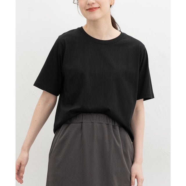 ひんやり綿半袖Tシャツ トップス カットソー 半袖 接触冷感 Tシャツ 半袖Tシャツ ひんやりコットン 綿100％ 無地 レディース （ブラック）