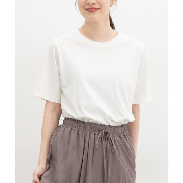 ひんやり綿半袖Tシャツ トップス カットソー 半袖 接触冷感 Tシャツ 半袖Tシャツ ひんやりコットン 綿100％ 無地 レディース （オフ）