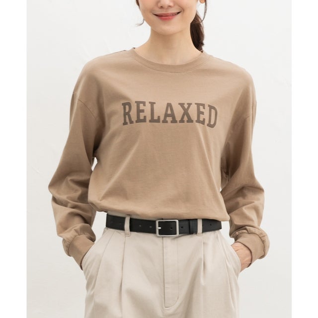 ロゴゆるチュニックT トップス Tシャツ ロンT 長袖Tシャツ カットソー 長袖 コットン 綿 USAコットン ゆったり ロゴ レディース （ベージュ）