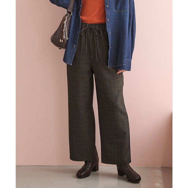 チェック柄パンツ（股下63cm） ボトムス パンツ イージーパンツ ロングパンツ 股下63cm ツイル素材 ウエストゴム レディース （チャチェック）